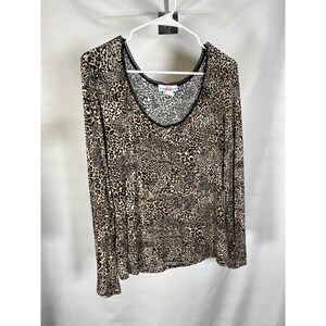 Maidenform Leopard Print Long Sleeve Top Lace Trim Scoop Neck Tan Black XL